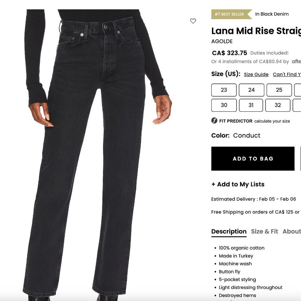 LIKE NEW NO TAG AGOLDE Lana Mid-Rise Jeans – Black (Size 25)